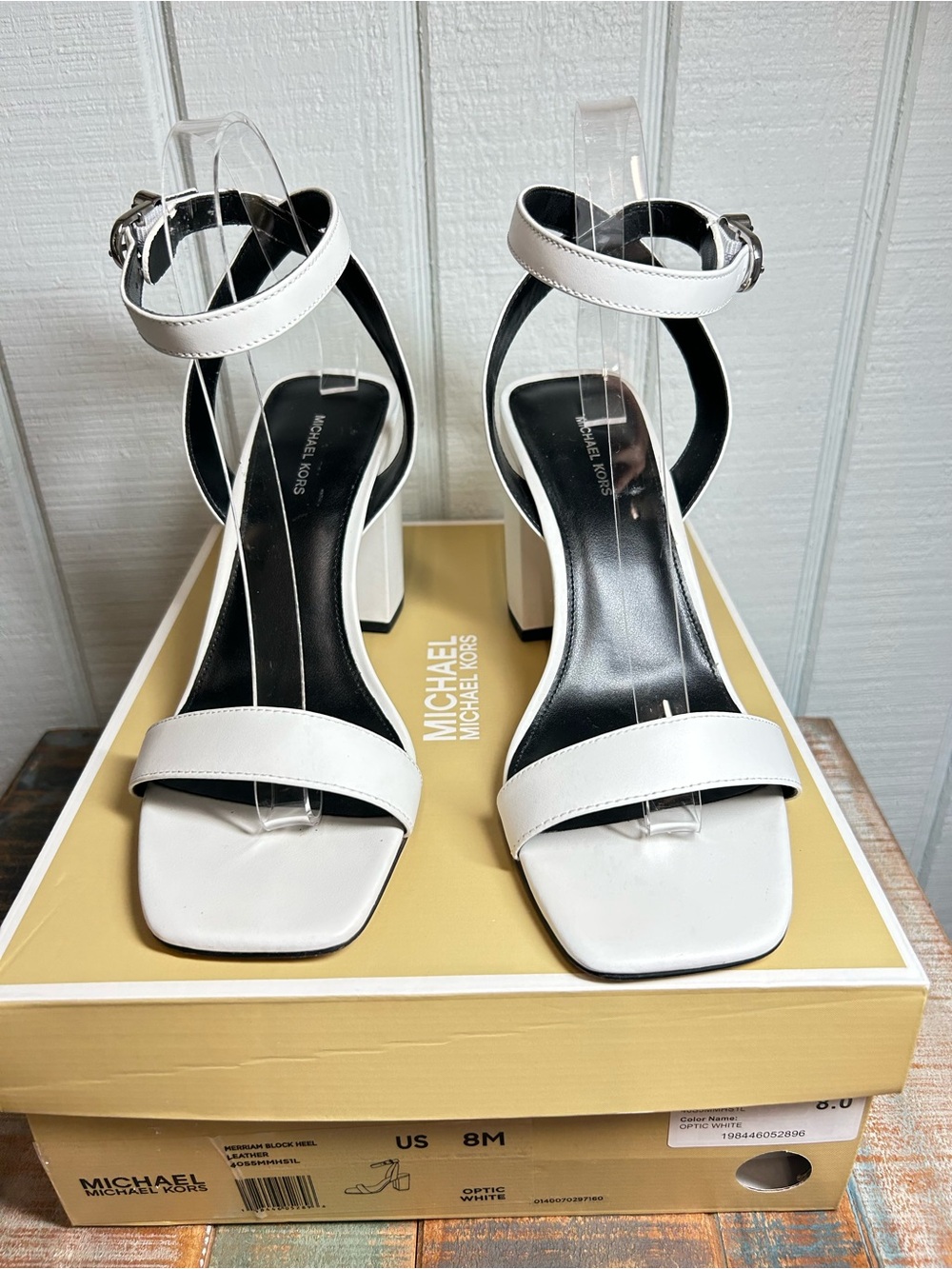 Michael Kors Leather White Ankle-Strap Merriam Block Heel Sandals